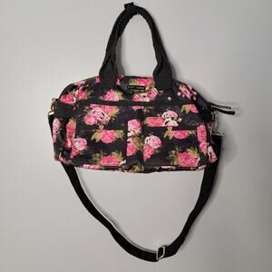 Betsey Johnson Duffle Satchel Purse Handbag Weekend Bag Black Ditsy Floral